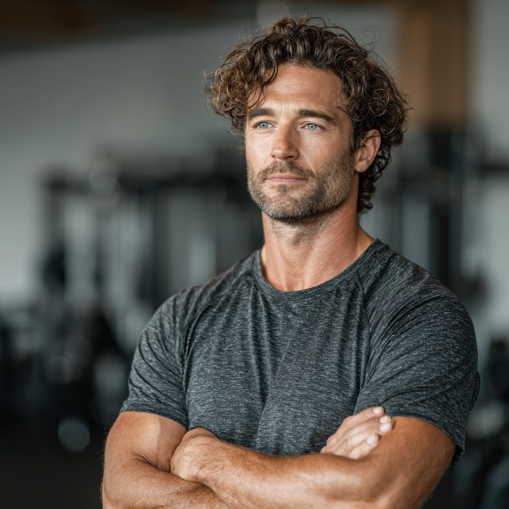 Confident athletic man in modern gym environment, focused and determined during workout session
