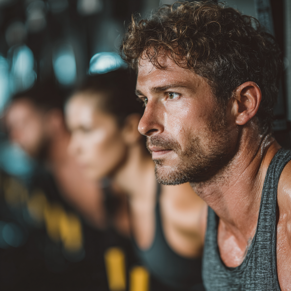 Group of determined men performing high-intensity functional training exercises in a professional fitness studio