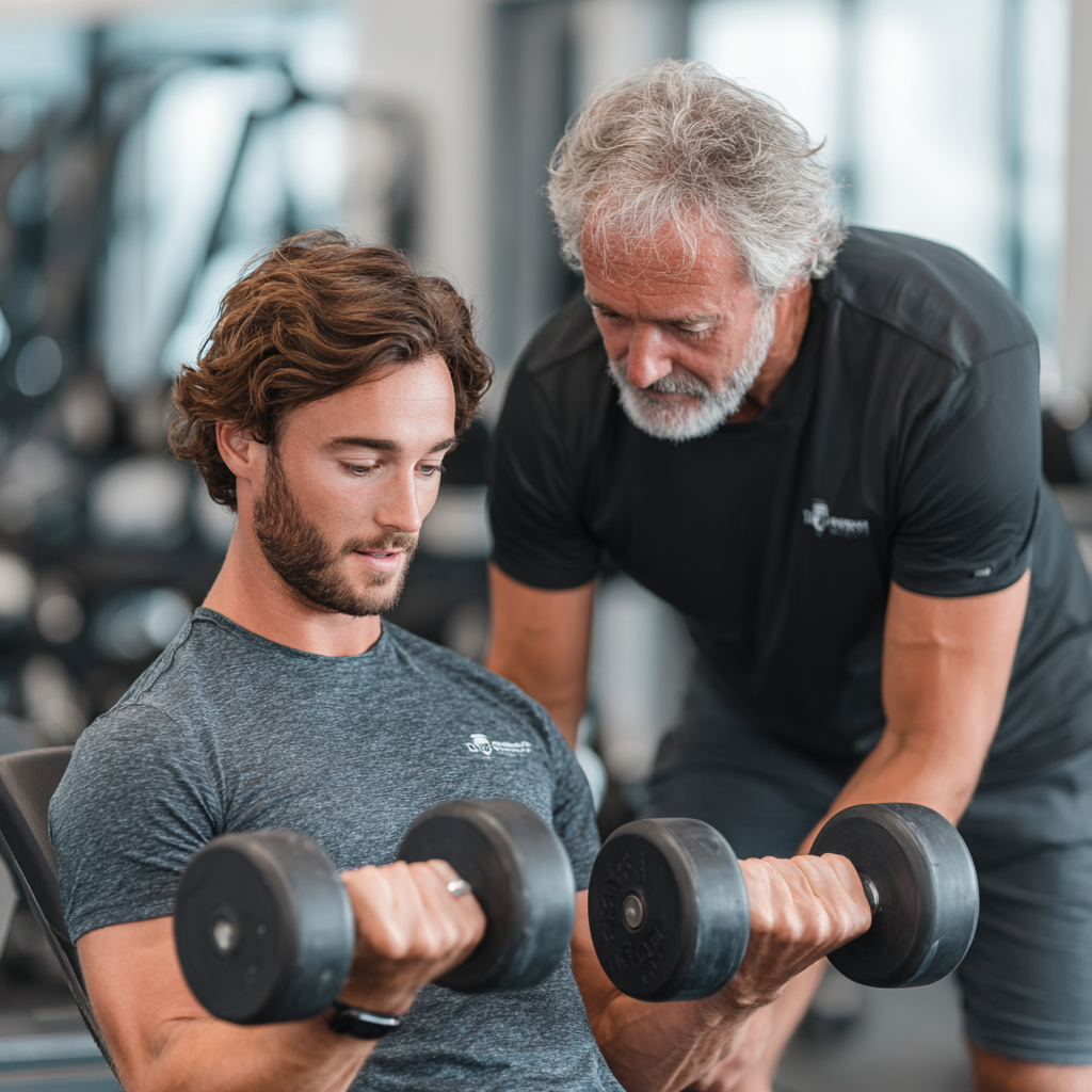 Professional fitness trainer providing personalized guidance to a focused male client during strength training session